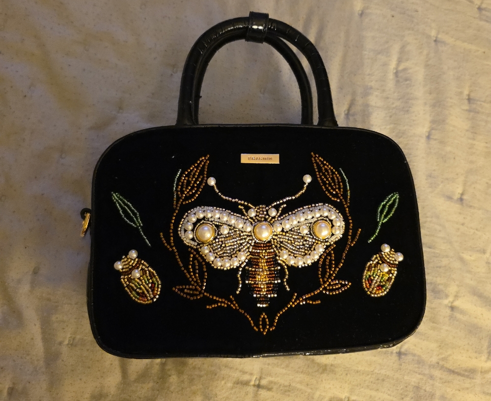 Brahmin Black Clutch with Beaded Insect Design